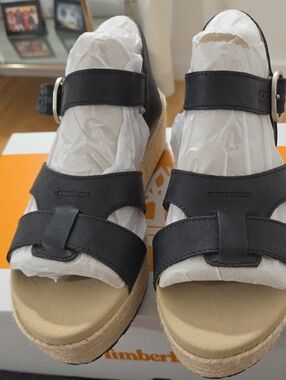 Timberland Black Leather Espadrille Wedge Sandals